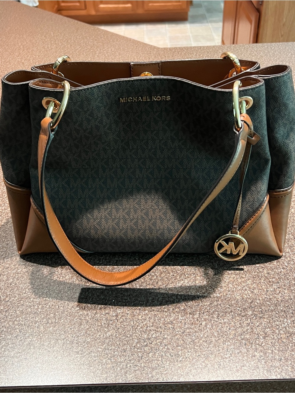 Michael Kors Dark Brown Signature Shoulder Bag with Tan Trim